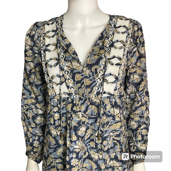 Lucky Brand Floral Embroidered Cottagecore Mini Dress Navy Beige White Size M - Picture 3 of 11